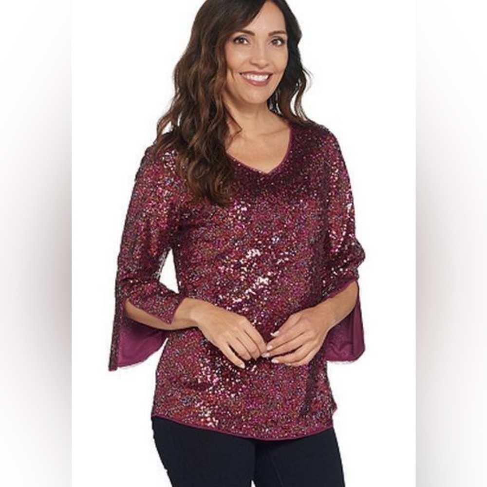 🖤 Isaac Mizrahi V-Neck Sequin Party Tunic Top Side Slit Sleeve Berry Large NEW